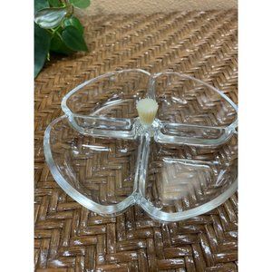 Vintage Clear Glass Divided Relish Dish Clover Shape With Cream Bakelite Handle